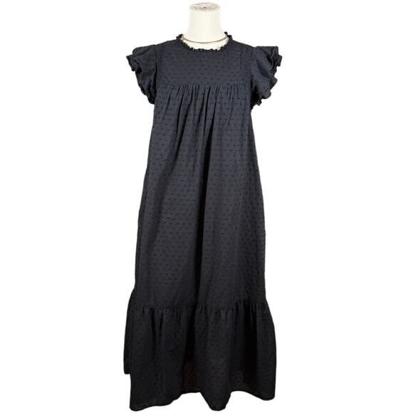 Black Swiss Dot Cotton Ruffle Sleeve Tiered Midi Dress | Boho Cottagecore | M - Picture 2 of 10